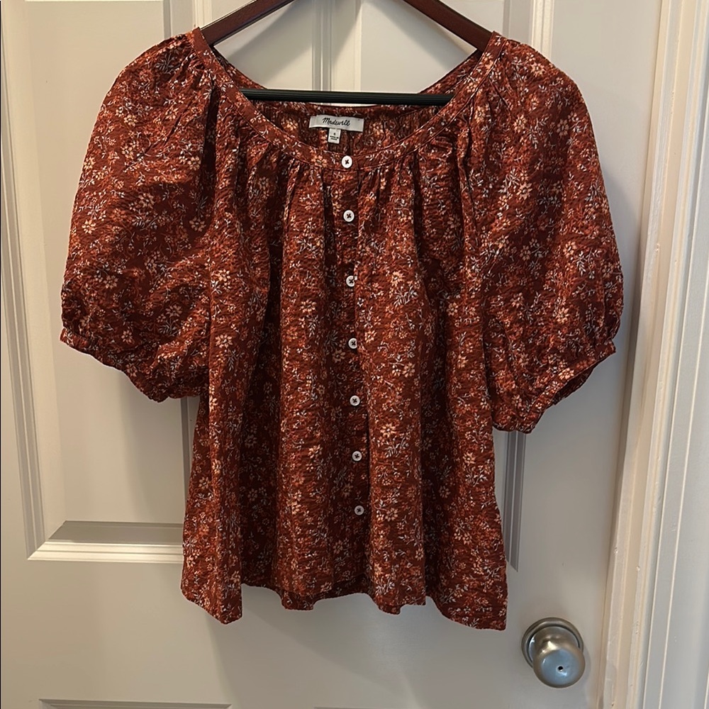 Madewell Rust Floral Button-Front Puff Sleeve Top